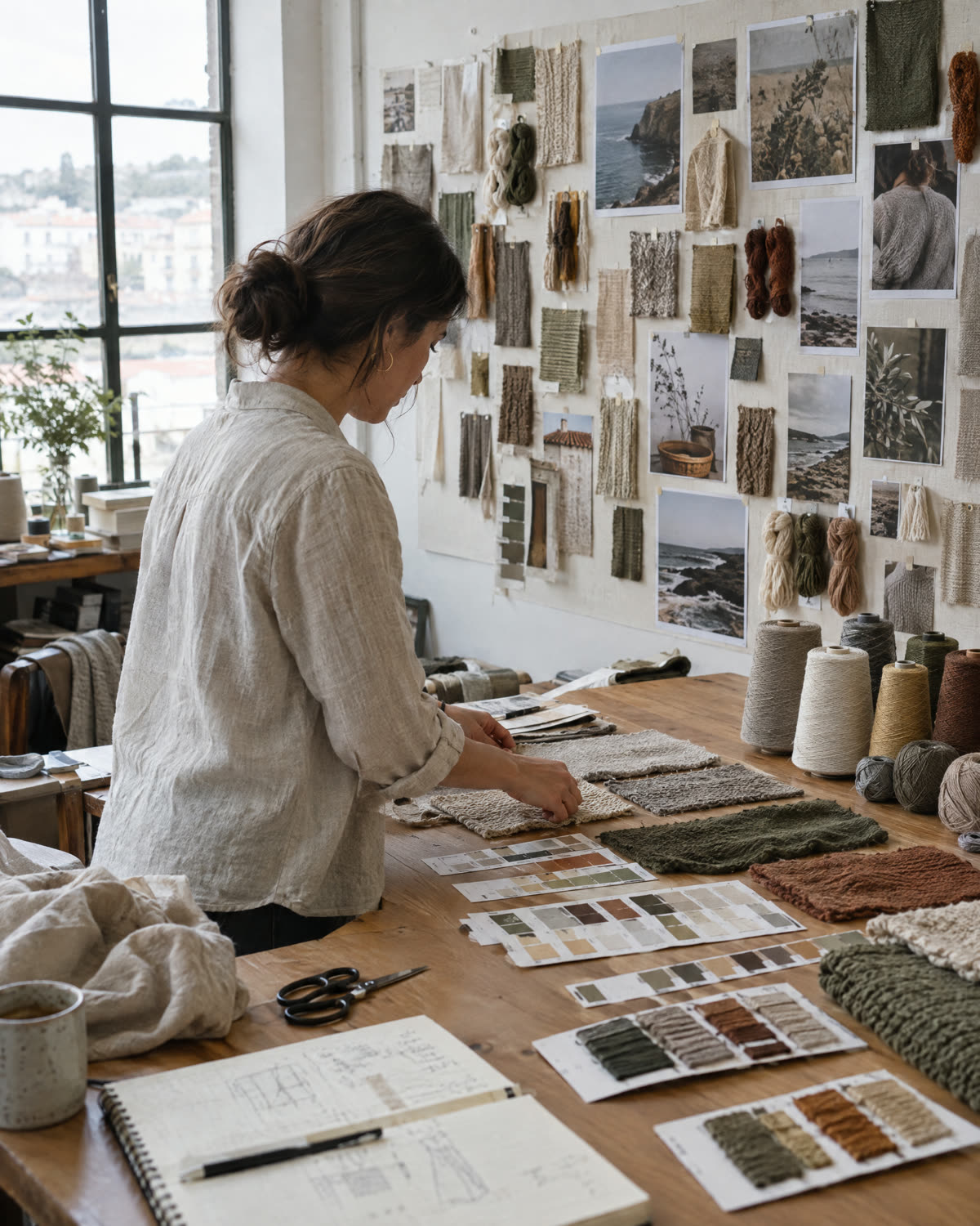 A designer arranging knit swatches and yarn colour cards in the Marinho & Macedo Brain-room