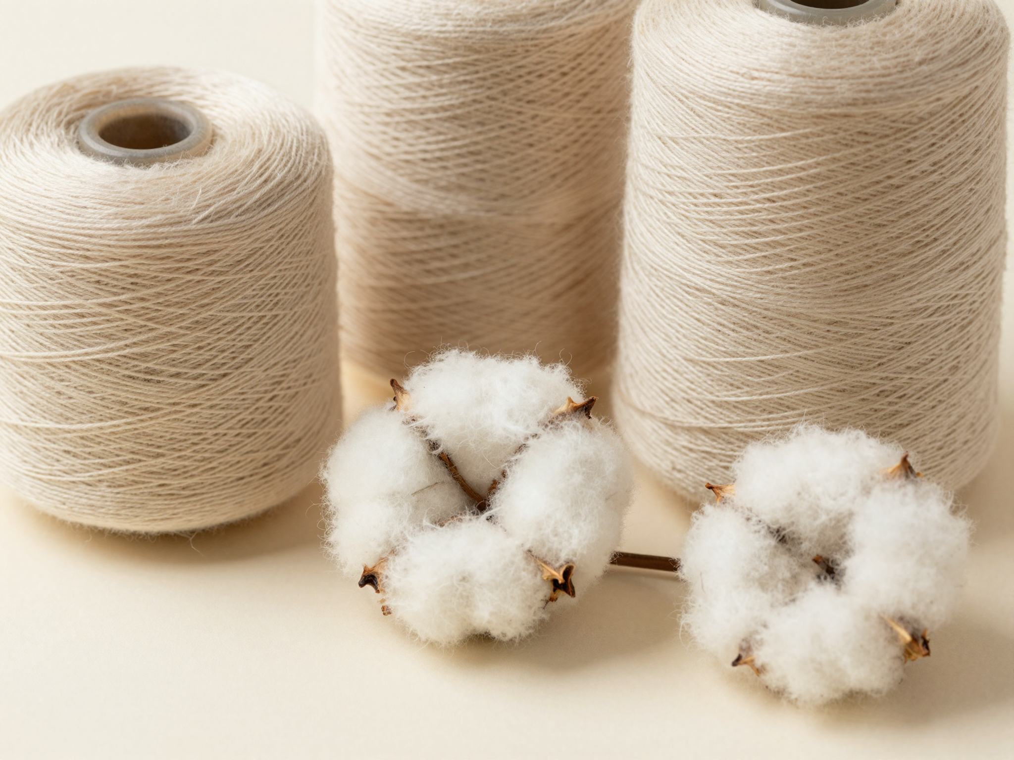 Natural undyed organic cotton yarn cones with raw cotton bolls