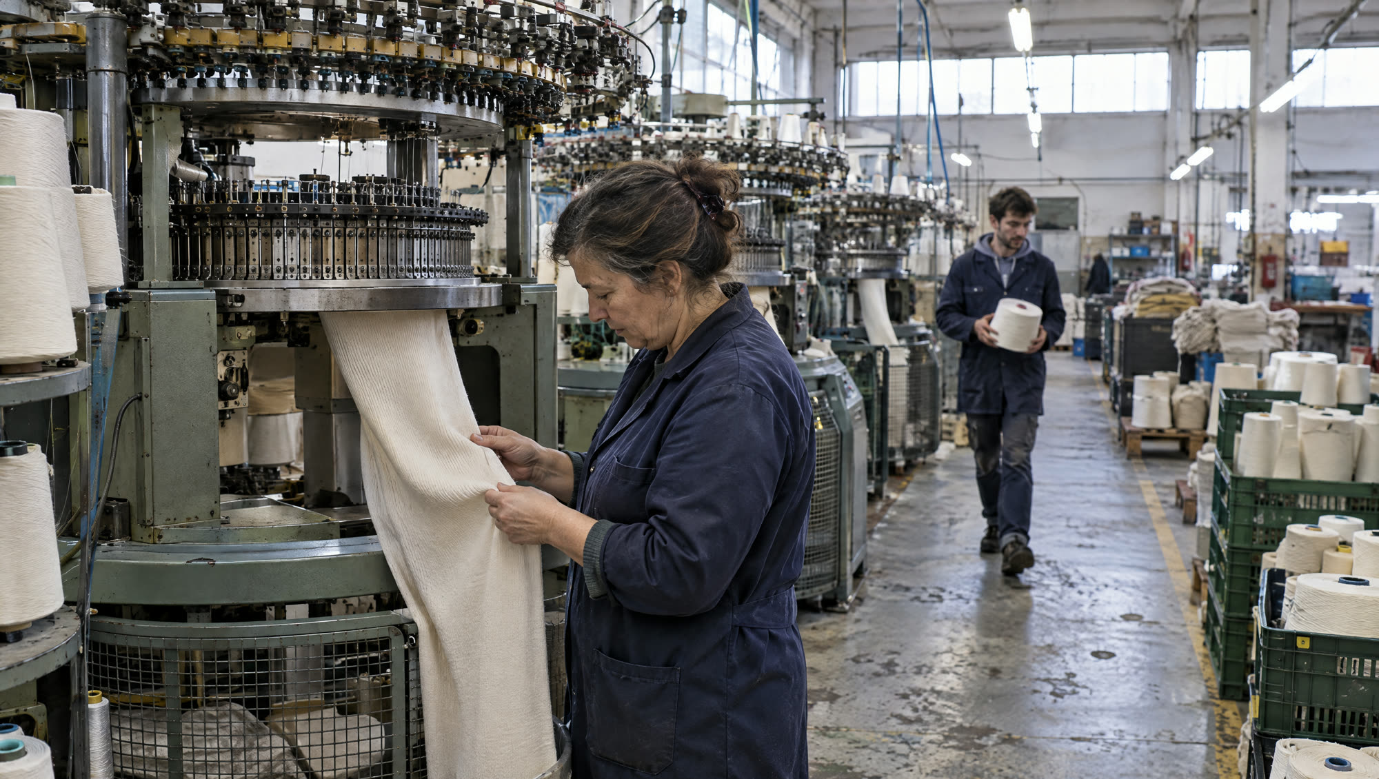 A technician checking cotton jersey coming off a circular knitting machine in the Marinho & Macedo mill, Gominhães