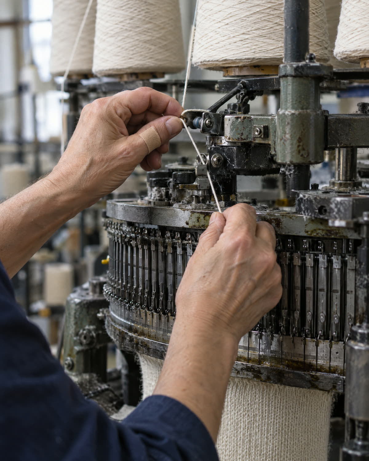 A technician threading ecru cotton yarn into a circular knitting machine at Marinho & Macedo