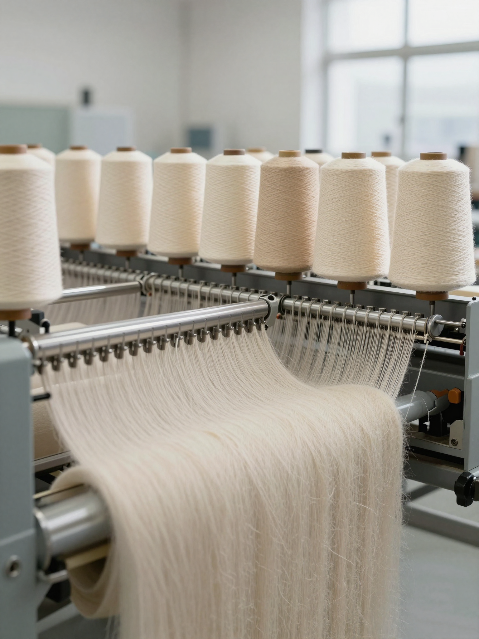 Circular knitting machine running ecru cotton yarn in the Marinho & Macedo factory